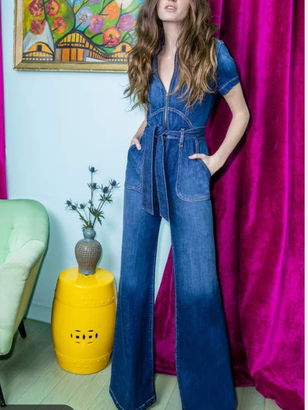 Alice and Olivia “Gorgeous” wide leg denim jumpsuit with belt